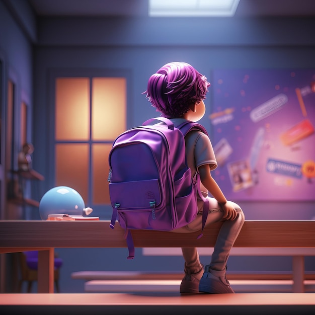 a child with a purple backpack sitting on a bench with a map behind him