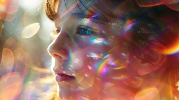 a child with rainbow light reflections on their face Conceptual digital art with vibrant bokeh