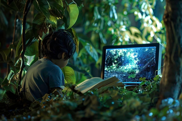 Photo child with a screen and a book in nature