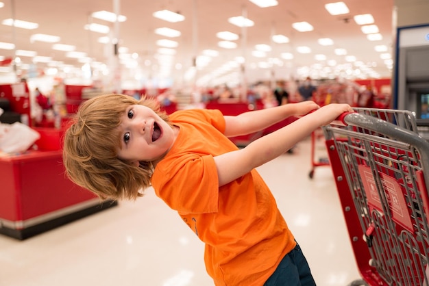 Child with shopping cart full of fresh organic vegetables and fruits standing in grocery department ...