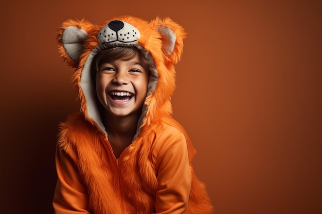 Photo a child with smile expression wearing animal costume