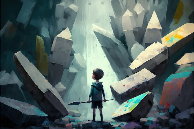 Child with spear standing in a cave full of many futuristic stone blocks digital art style illustration painting