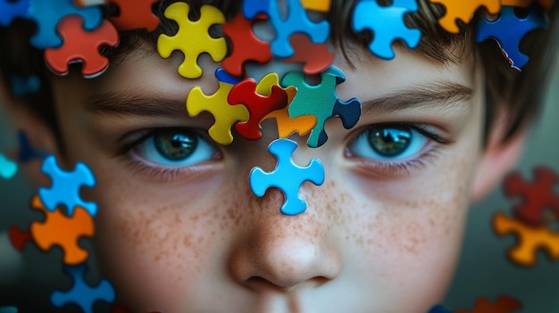 Photo a child with striking blue eyes and freckles gazes thoughtfully surrounded by vibrant puzzle pieces