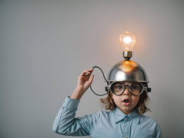 Photo a child with a surprised expression wearing a colander on their head with a lit light bulb