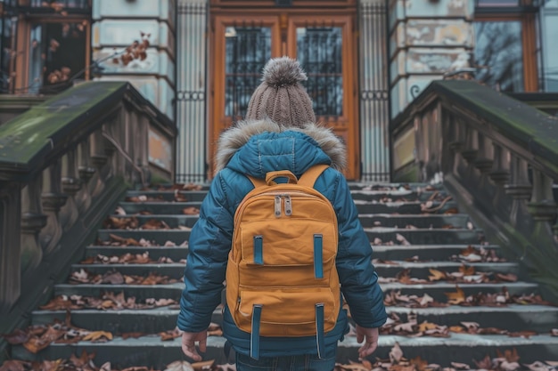 Child with Yellow Backpack Climbing Steps in Autumn Outdoors