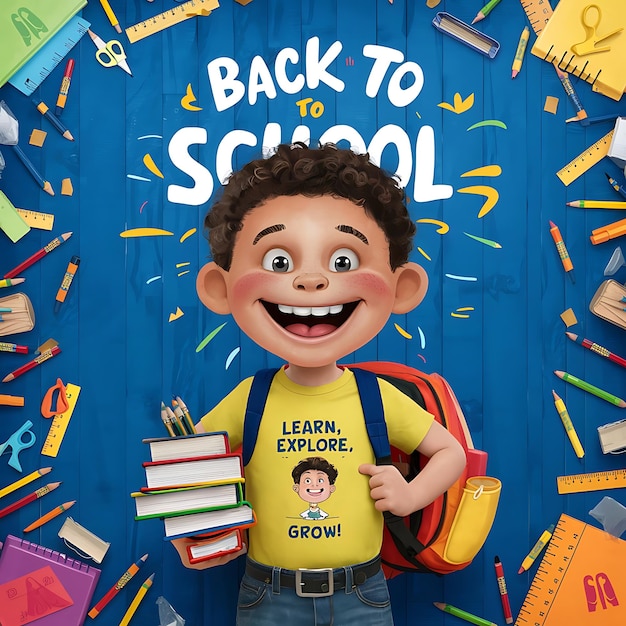 a child with a yellow shirt that says back to school