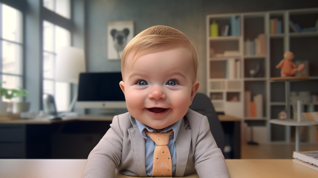 Child at work in the office sitting at the table Baby at work