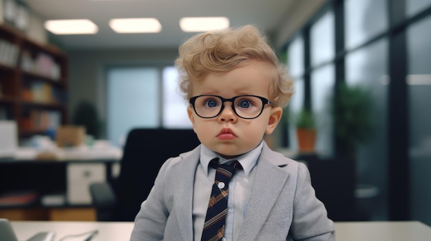 Child at work in the office sitting at the table Baby at work