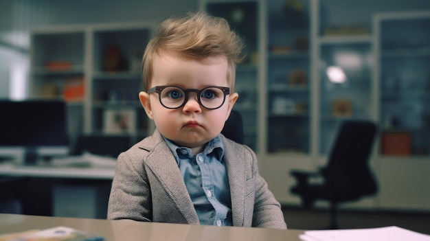 Child at work in the office sitting at the table Baby at work