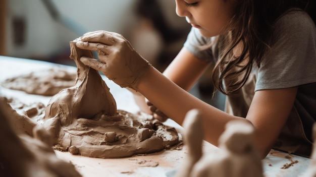 A child works on a clay sculpture at a table.