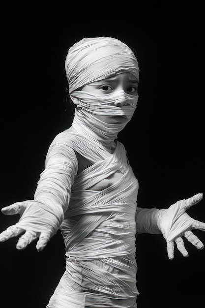 A child wrapped in white bandages striking a dramatic pose against a dark background