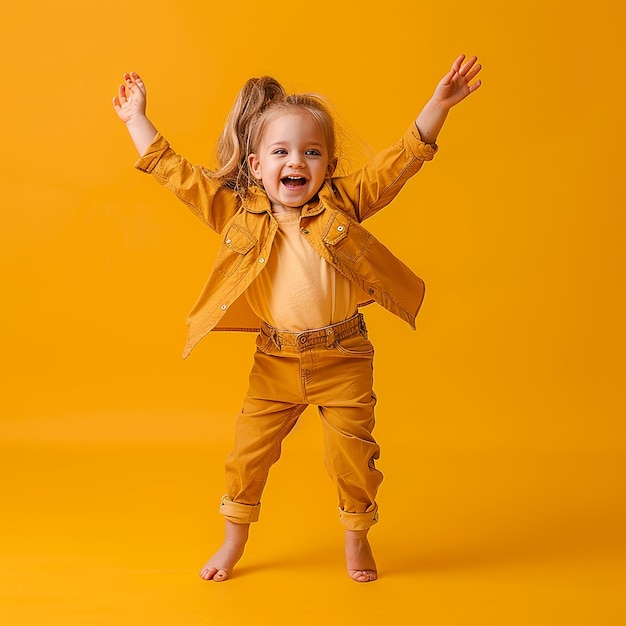 a child in a yellow outfit with a yellow background