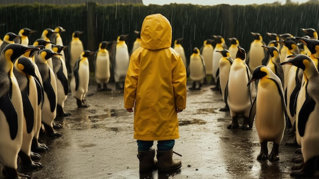 A child in a yellow raincoat standing in front of a large group of penguins generative AI