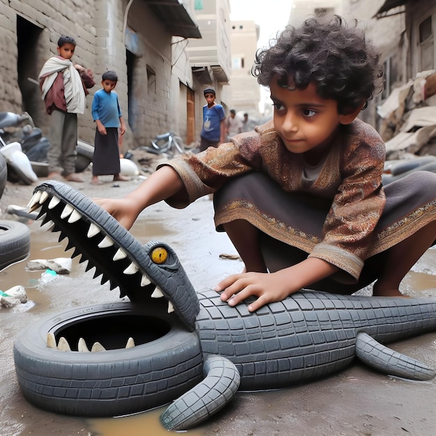 Child yemeni playing with a shark toy on the ground ai generator