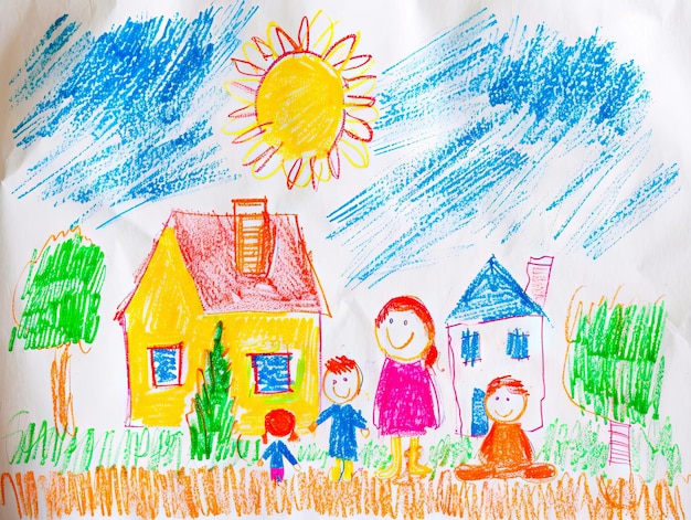 A child39s drawing of a family in front of a house