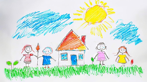 A child39s drawing of a family in front of a house