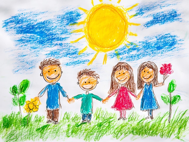 A child39s drawing of a family holding hands in a field