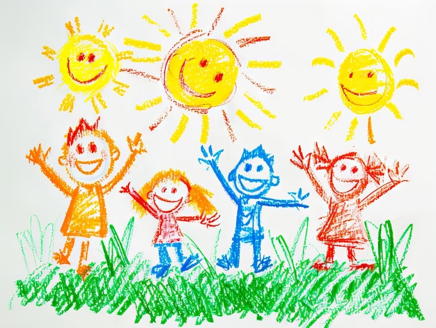 A child39s drawing of a group of children playing in the grass