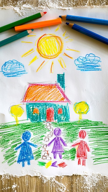 A child39s drawing of a house with a family in front of it