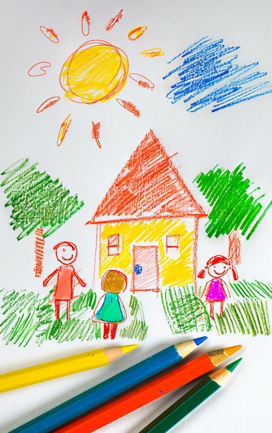 A child39s drawing of a house with a family in front of it