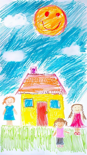 A child39s drawing of a house with three children in front of it