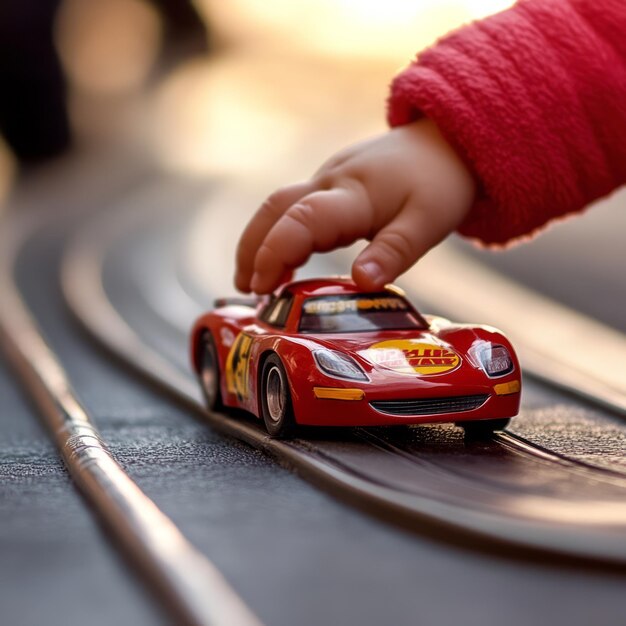 Photo child39s hand reaches for a toy race car on a track