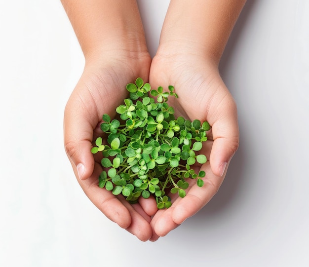 Child39s Hands With Micro Greens Sprouts White Background