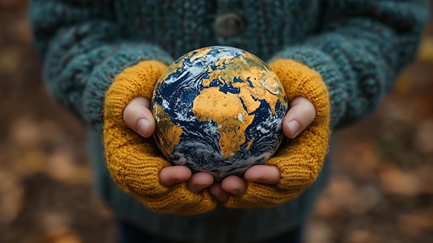 Child39s hands in yellow mittens holding a globe a symbol of global responsibility and environmental care