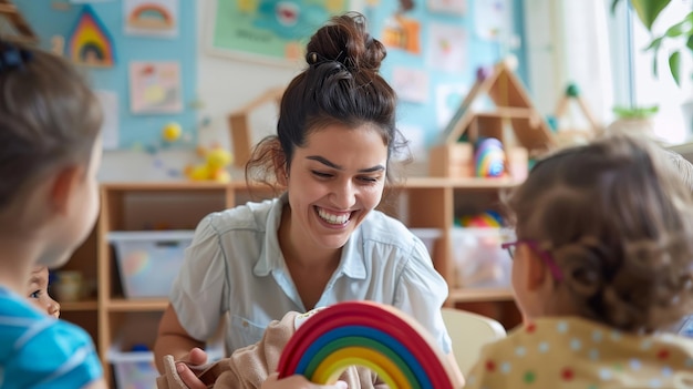 Photo childcare worker playing with kids in a vibrant daycare setting