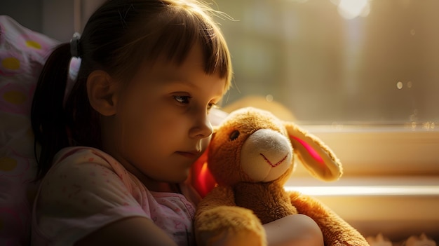 Childhood cancer Girl with toy bunny in hospital Generative AI