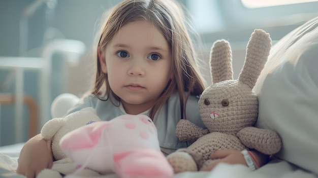 Childhood cancer Girl with toy bunny in hospital Generative AI