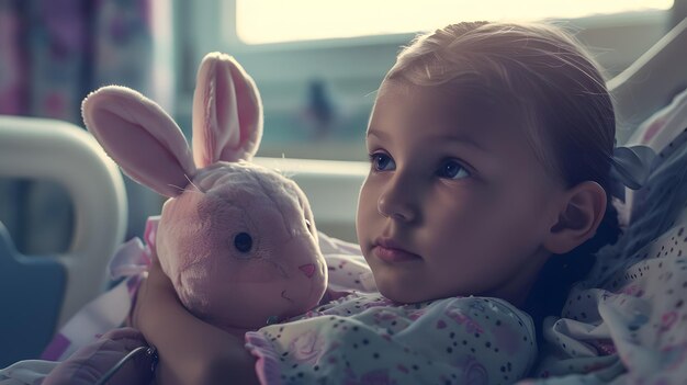 Childhood cancer Girl with toy bunny in hospital Generative AI