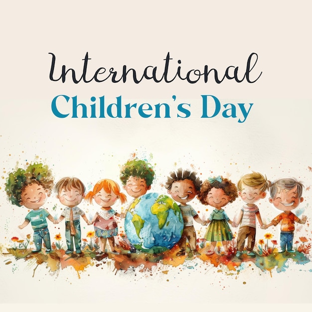 Photo childhood celebration watercolor illustration for international childrens day with diverse kids