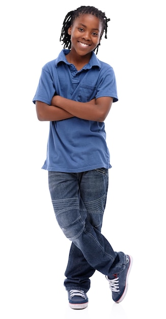 Childhood confidence An AfricanAmerican boy standing with his arms folded