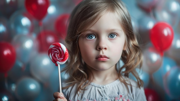 Photo childhood delight little girl with colorful lollipops