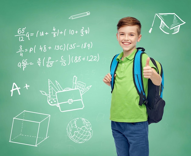 childhood, education and people concept - happy smiling student boy with school bag over doodles on green chalk board background