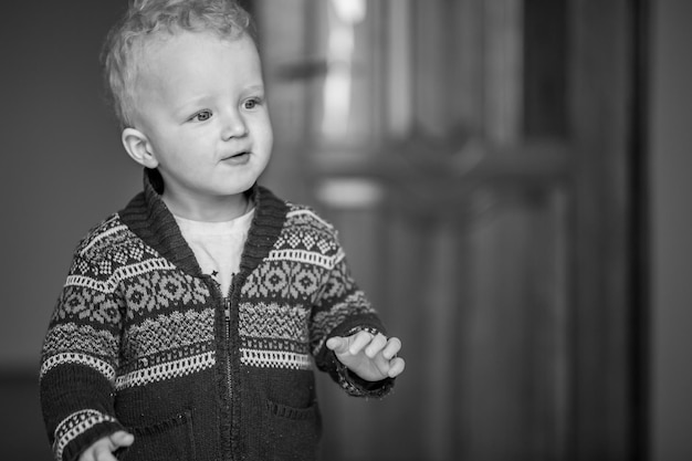 Childhood fun and people concept happy little boy behind door at home