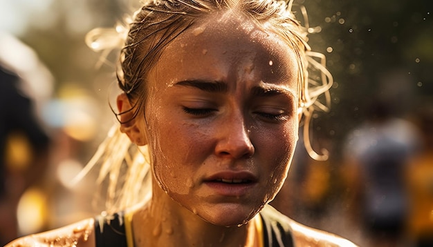 Childhood joy One girl splashes in rain carefree and smiling generated by AI