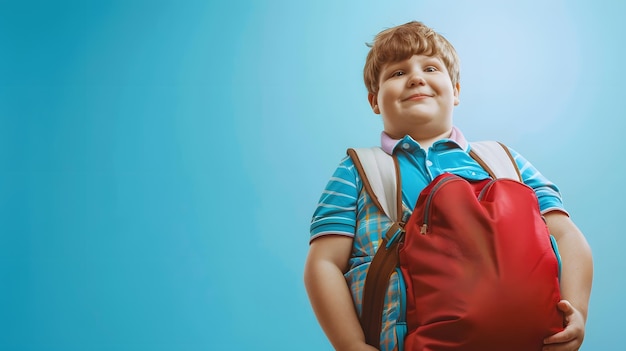 Childhood obesity concept Boy with school bag with big belly Generative AI