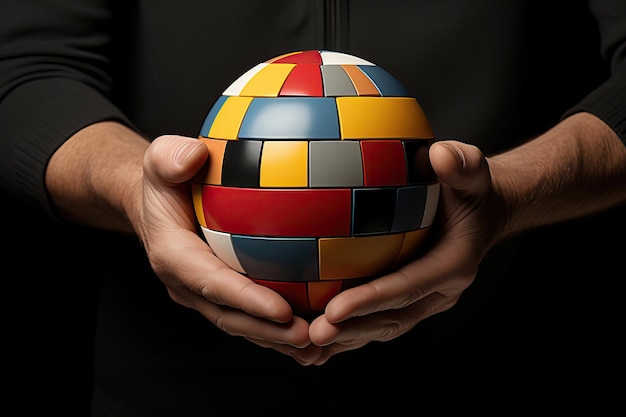 Childhood reminisce closeup of multicolored ball in man's hands