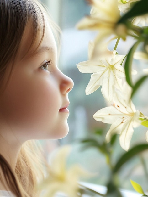 Photo childhood wonder girl gazing at flowers by window