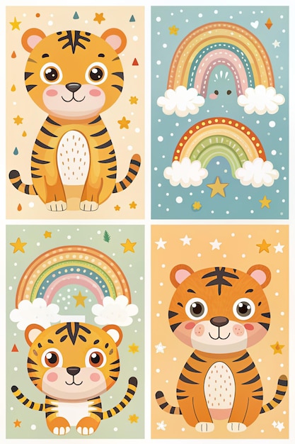 Photo childish cards or poster with cute baby tiger rainbow little animals nursery prints with doodle hand drawn illustration isolated on white ideal for kids room decoration clothing prints card