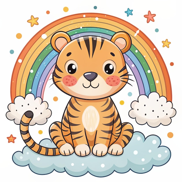 Photo childish cards or poster with cute baby tiger rainbow little animals nursery prints with doodle hand drawn illustration isolated on white ideal for kids room decoration clothing prints card