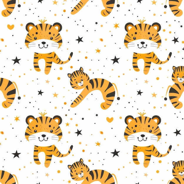 A childish minimalistic pattern with stars that features a cute tiger