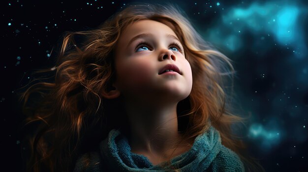 Childlike Serenity Young Girl Looking at the Sky Captured in Glitter Style with Dark Cyan