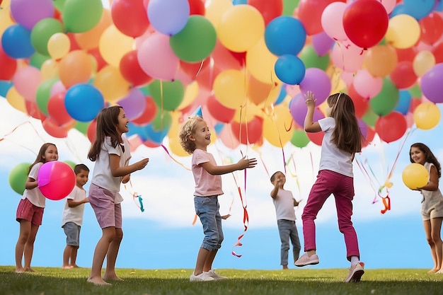 Childrean Birthday games on fresh air with parachute and balls