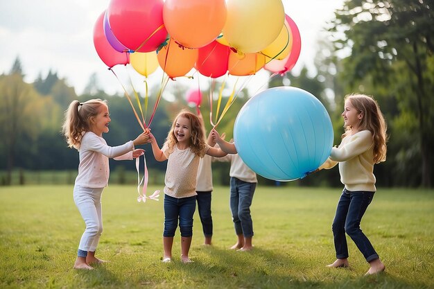 Childrean Birthday games on fresh air with parachute and balls