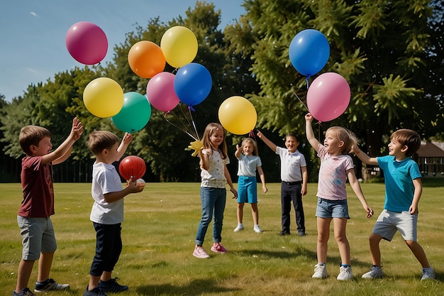 Childrean Birthday games on fresh air with parachute and balls