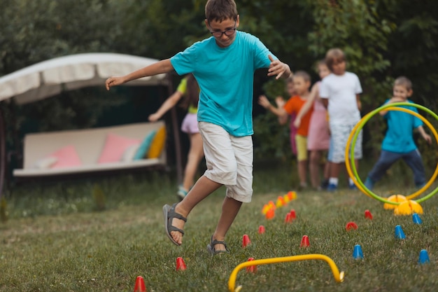 The children actively spend time in the garden