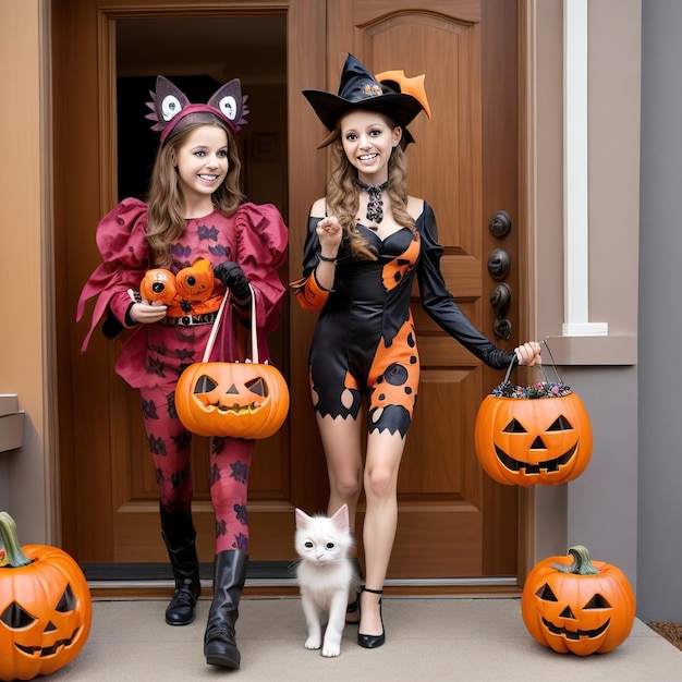 Photo children and animals dressed in halloween costumes going in search of candy